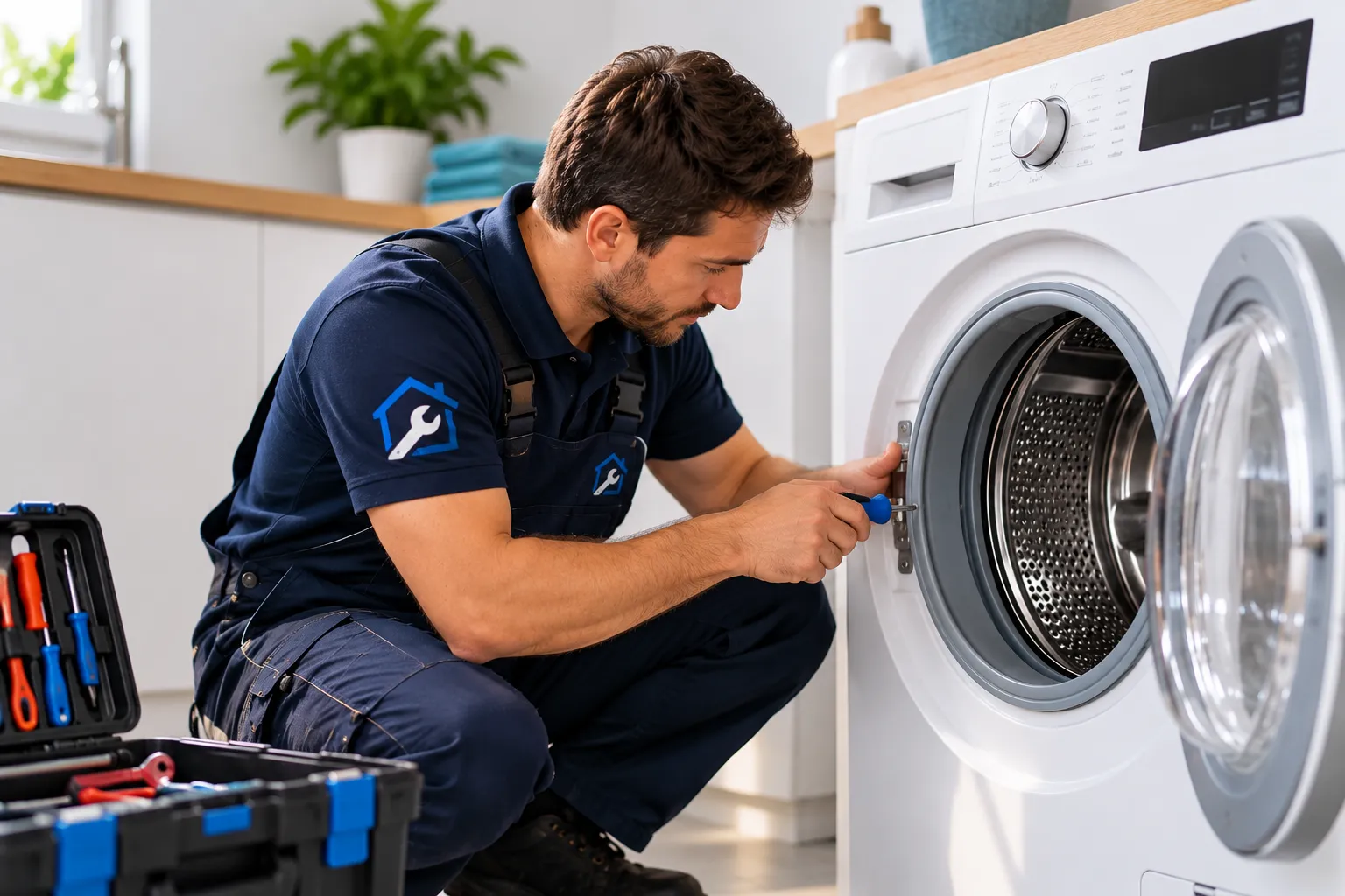 Técnico reparando lavadora moderna