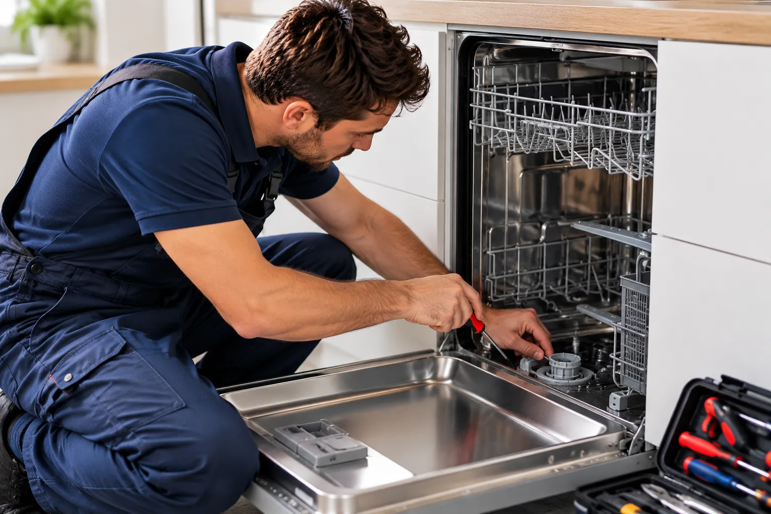 Técnico reparando lavavajillas integrado